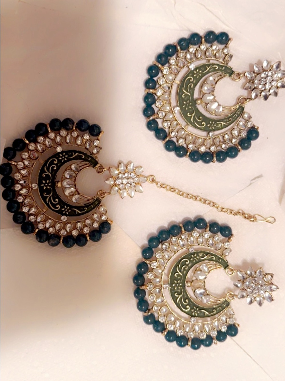 Green and Gold Crescent Kundan Earrings Set
